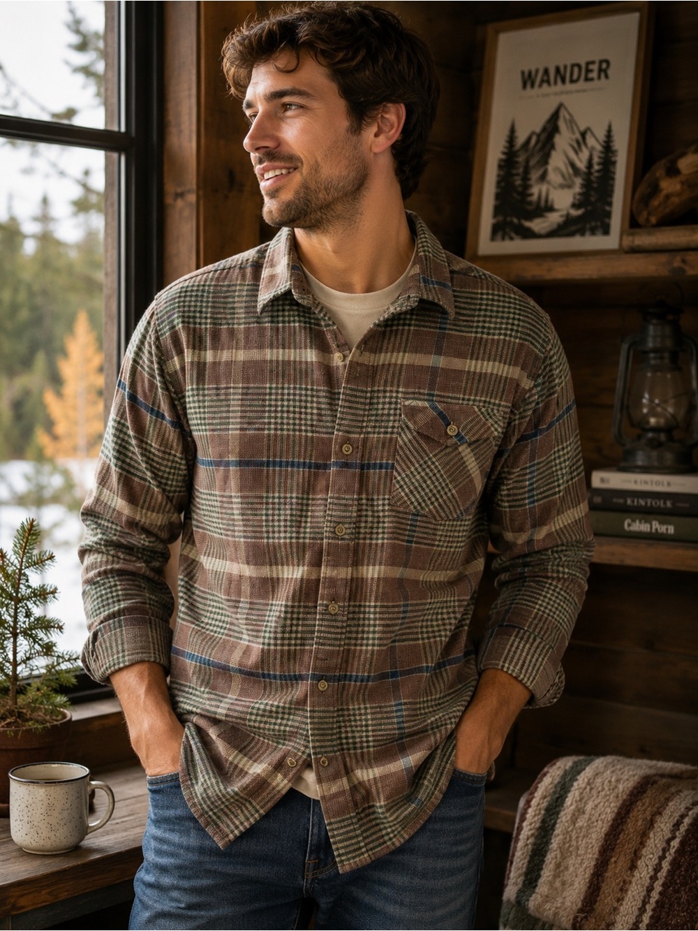 Columbia Sportswear Men’s Large‎ Plaid Flannel Shirt Brown Blue Cotton
